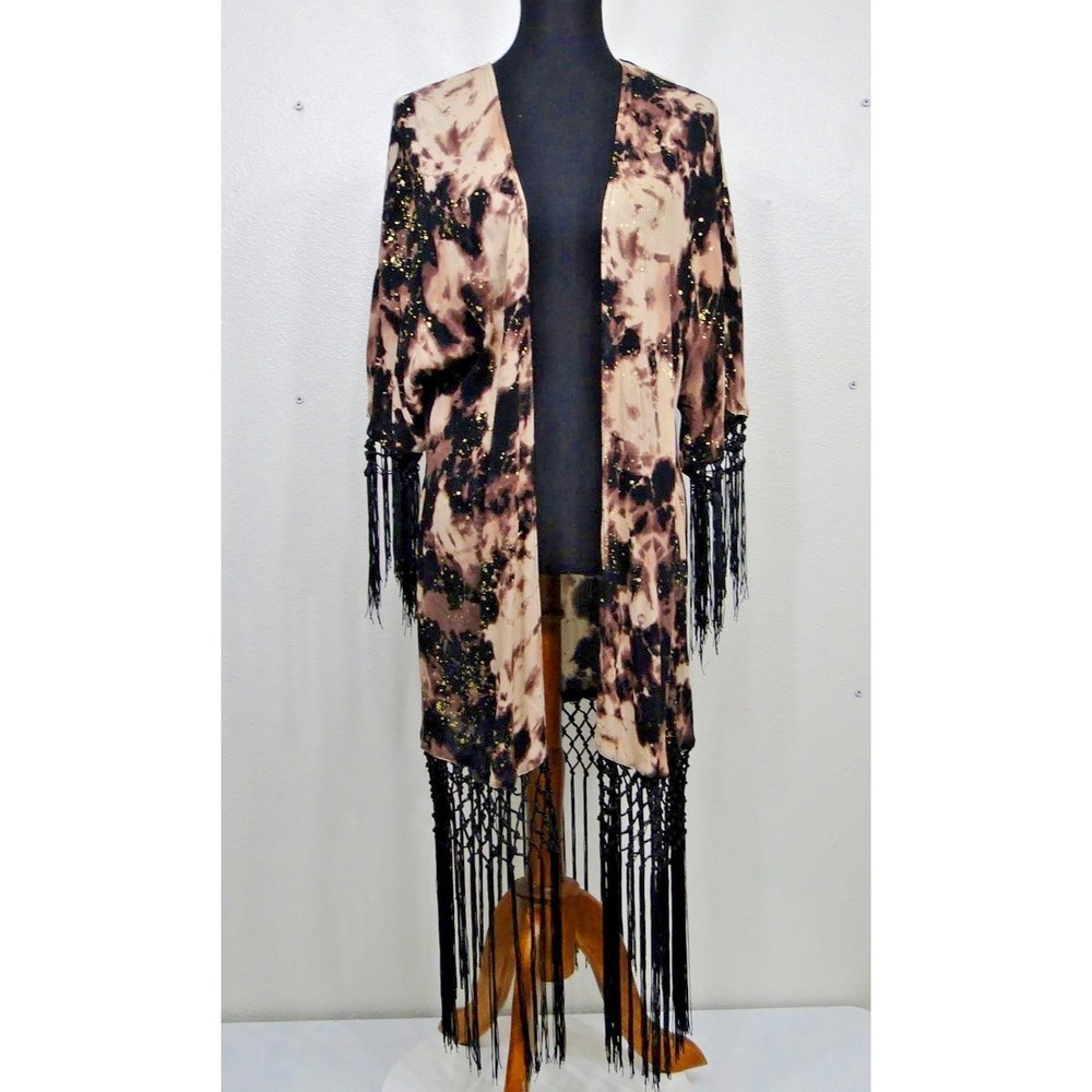 Torrid Kimono Coverup Duster Cardigan Plus 1/2 (14-18) Gold Tie Dye Black Fringe